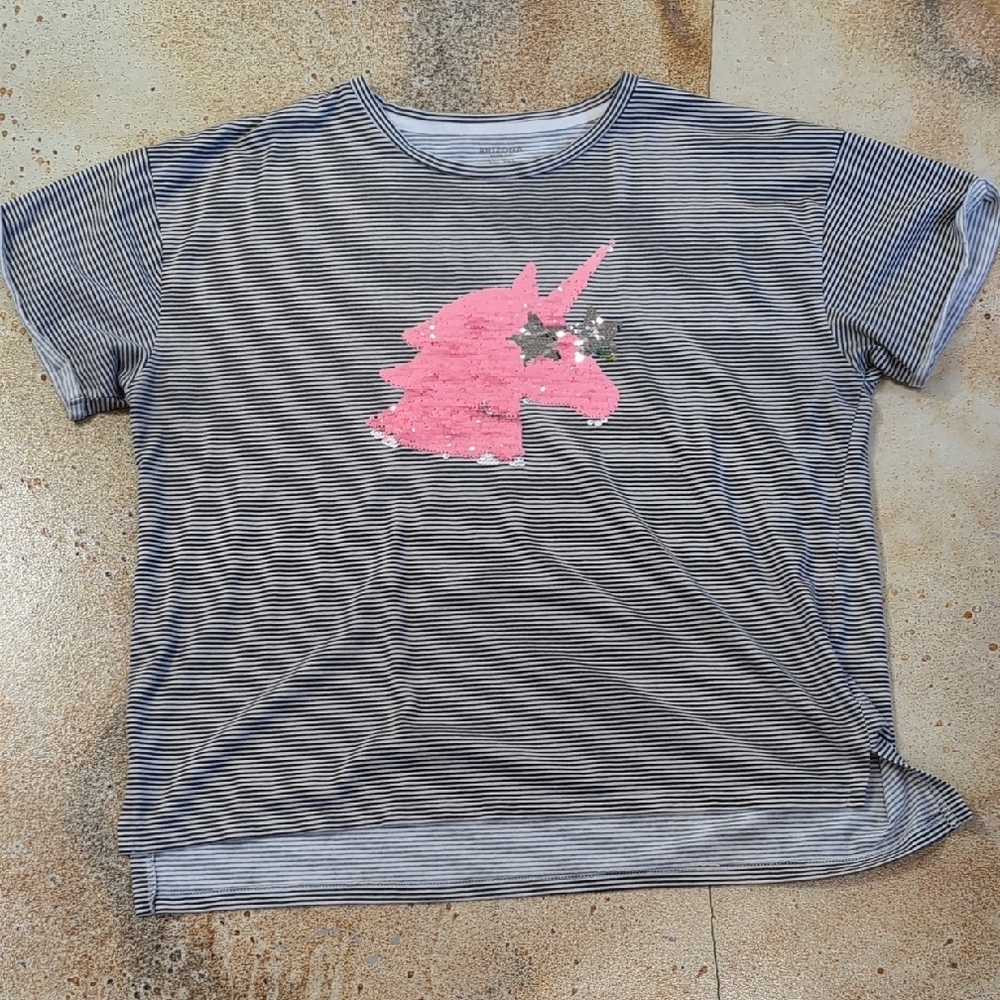 Arizona Jean Company | Black and White Striped Tee with Sequin Unicorn Size 3XL